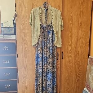 R&M Richards Blue and Bronze Shimmer  Maxi Dress